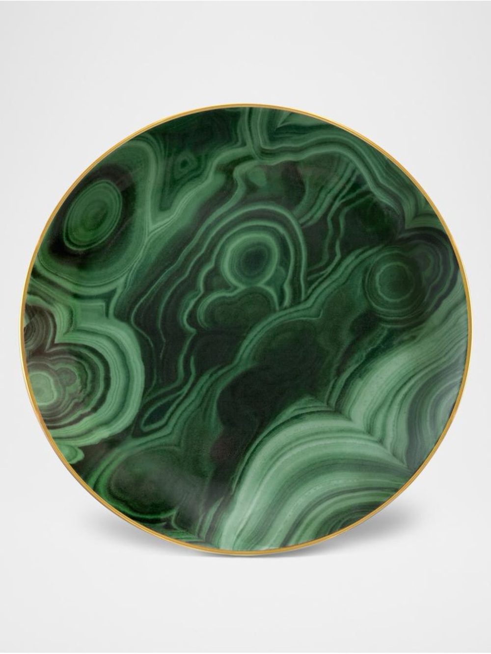 L'Objet Canapés Plates Green Malachite-Pattern Plate Gold Trim. Set of 4  NWOT